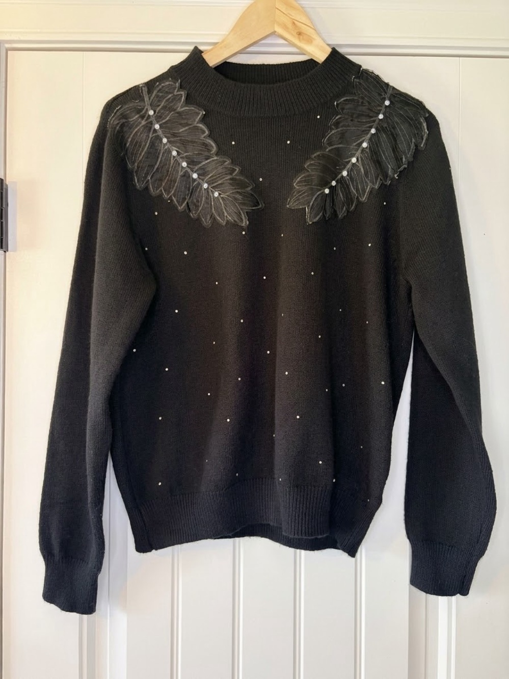 ⁠ontwelfth Black Embellished Knit Sweater Small Leaf Applique Rhinestones Pearls